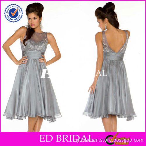 NS815 Sequin Beaded Top Low Back Silver Grey Tea Length Party Dress